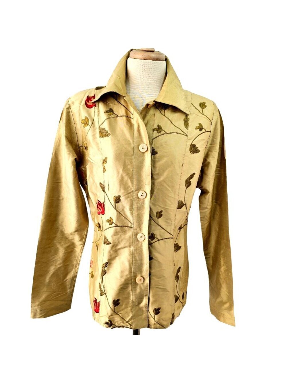 70s Gold Silk Embroider Fitted Blouse Sz S Collared Button Up Long Slv DB Sport